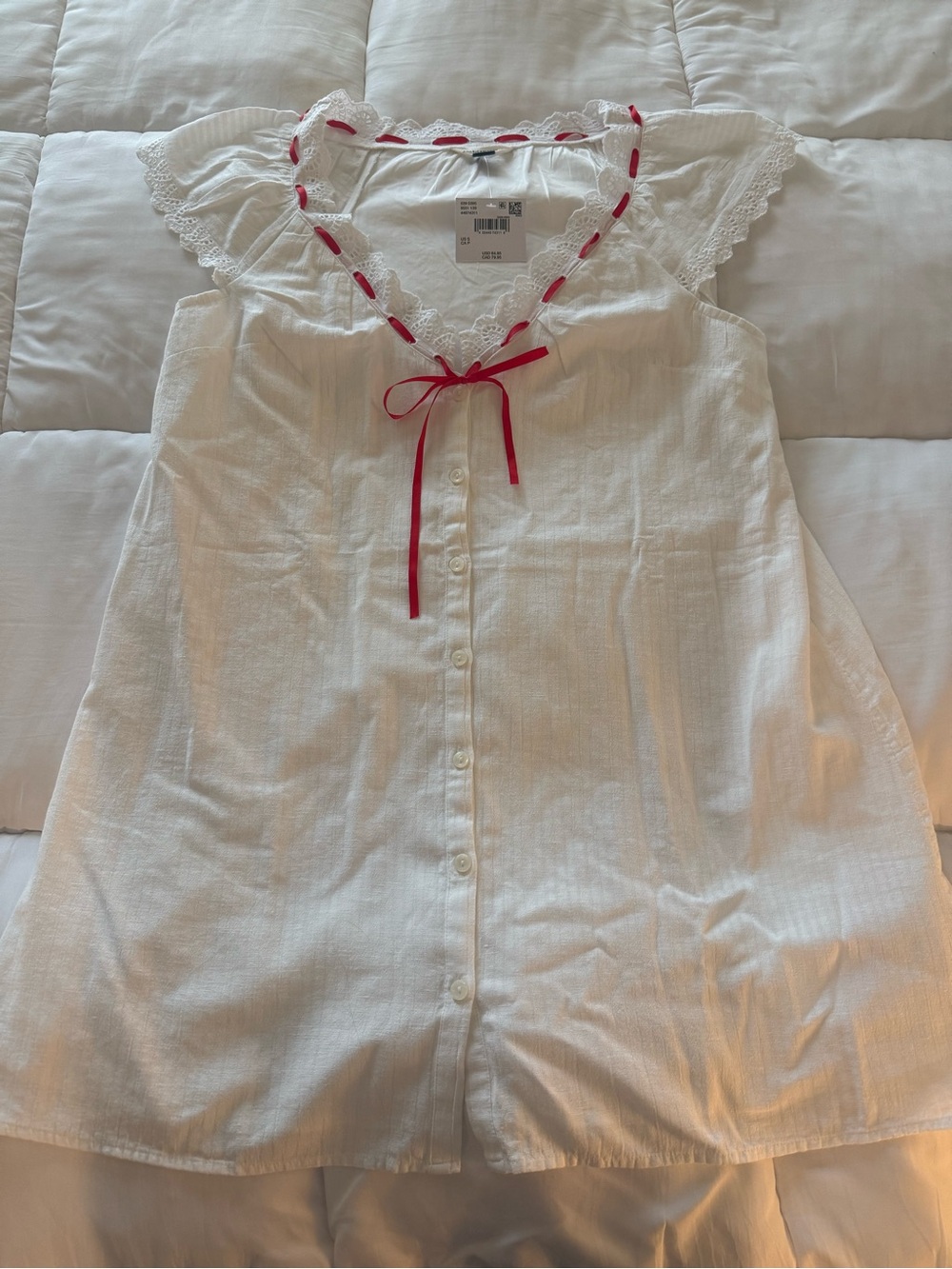 American Eagle Outfitters White Cotton Dress with Red Ribbon Accents - Picture 2 of 5